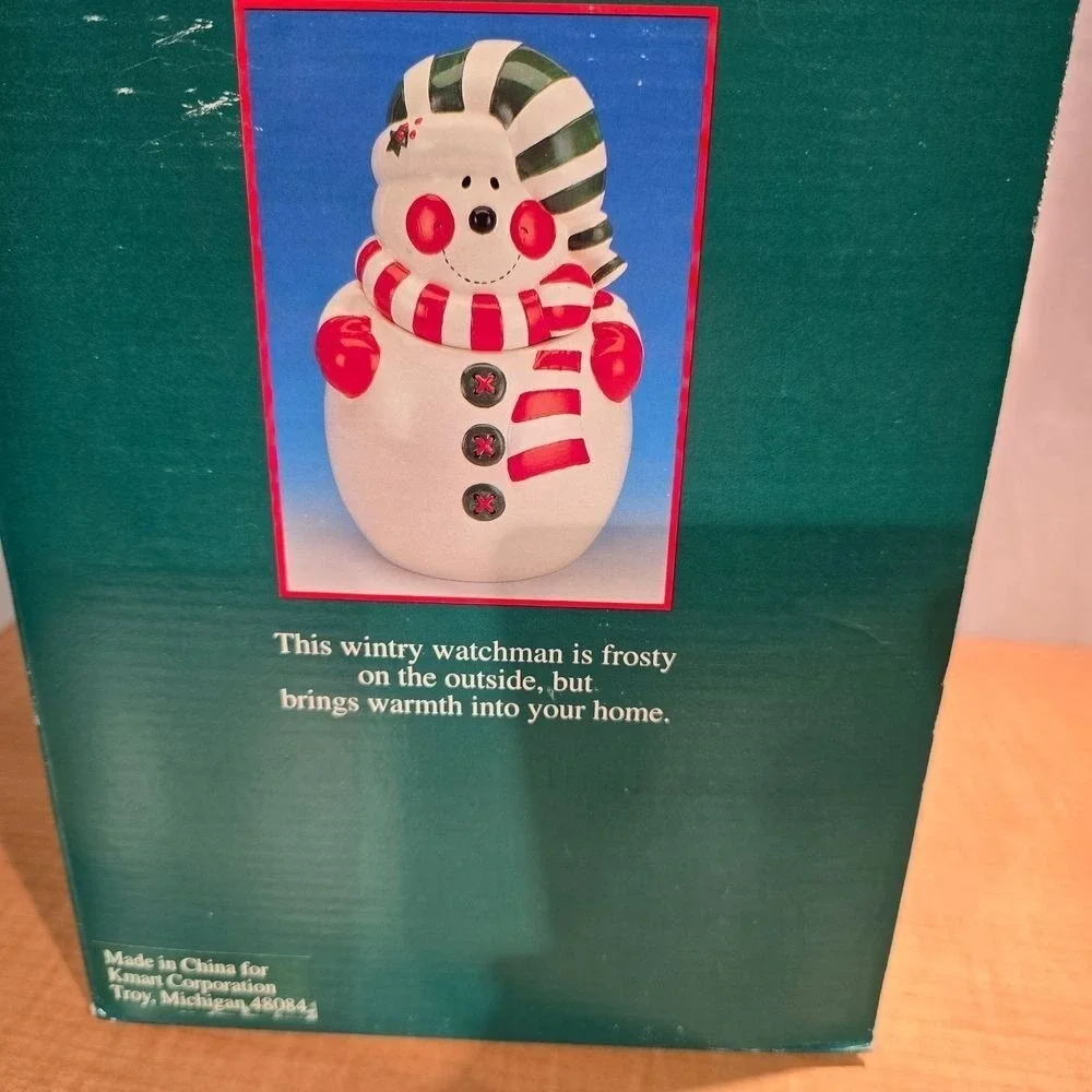 Snowman Ceramic Cookie Jar‎ Green Red Striped Hat & Scarf Original Box Christmas